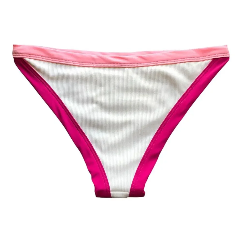 L Space Vacay White Pink Ribbed Bikini Bottom Stretch Women's Size Small NWOT